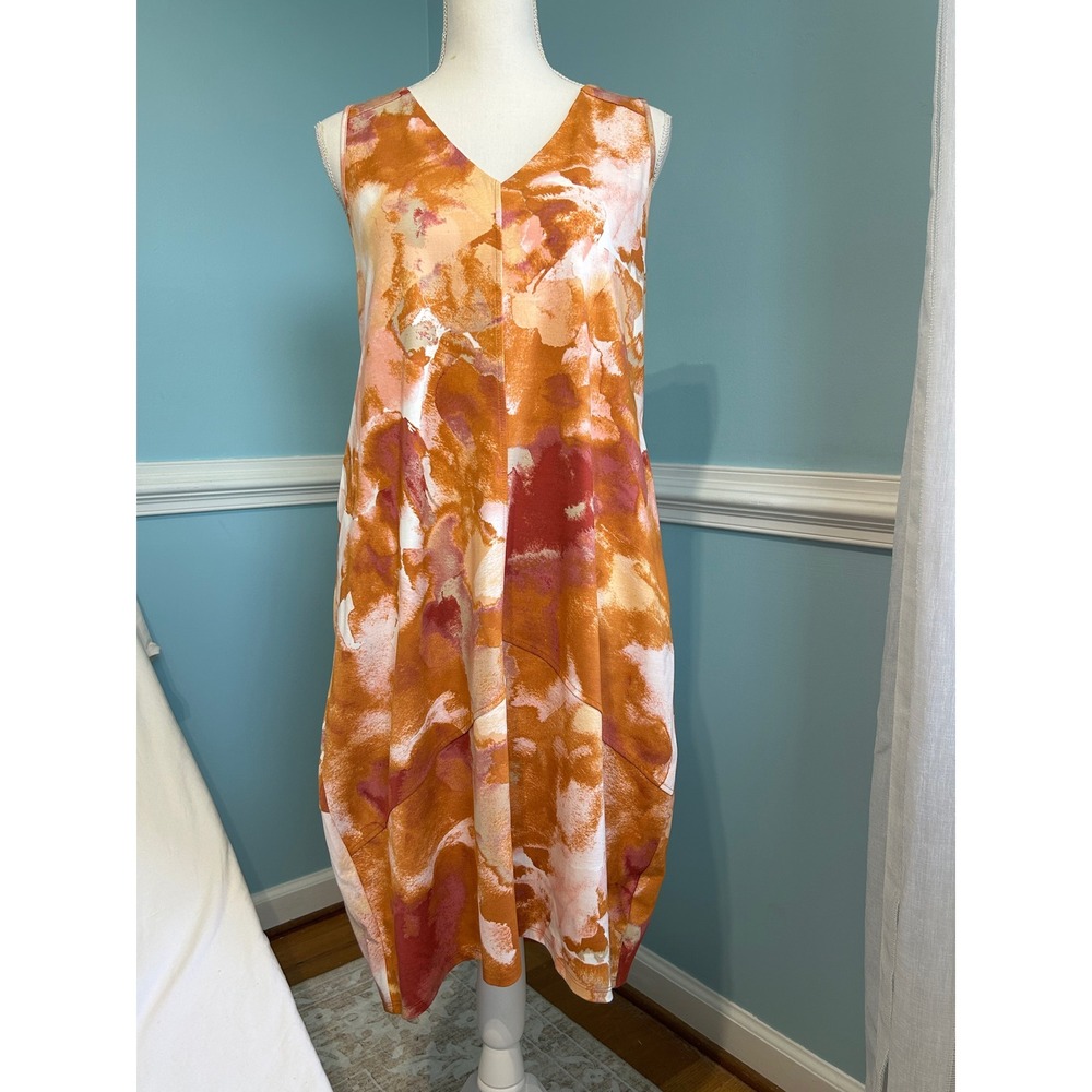 MarlaWynne Orange Abstract Painterly V-Neck Balloon Midi Dress Womens Medium